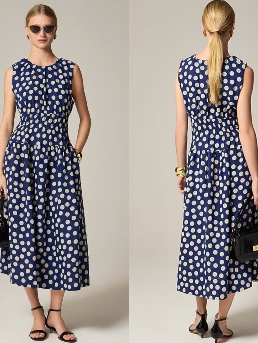 J. Crew Navy and White Polka Dot Midi Dress